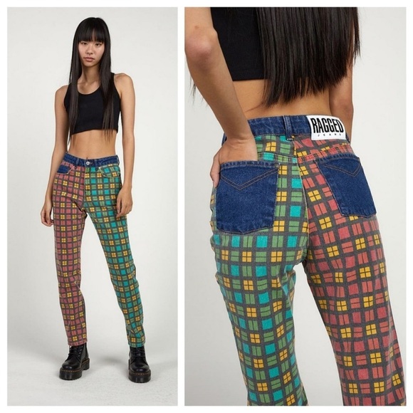 The Ragged Priest Hot Rod Mix Check Mom Jeans in Red & Green - Picture 4 of 15